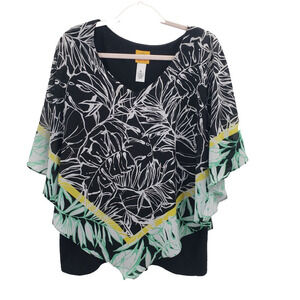 Ruby Rd. XL Tropical Floral Print Shawl Tank Top Womens Black White Green Beach